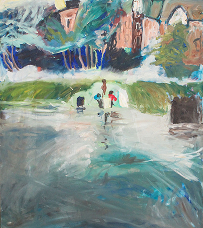 पानी में खेलते तीन बच्चों की एक पेंटिंग।